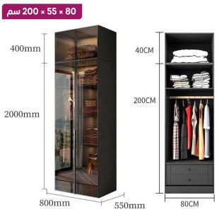 منظم ملابس OBSIDIAN من خشب مضغوط مع 2 باب زجاجي ورف علوي 80×55×200 سم