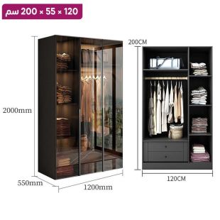 منظم ملابس OBSIDIAN من خشب مضغوط مع 3 أبواب زجاجية 120×55×200 سم