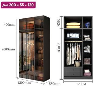 منظم ملابس OBSIDIAN من خشب مضغوط مع 3 أبواب زجاجية ورف علوي 120×55×200 سم