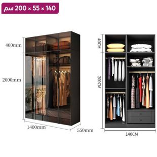 منظم ملابس OBSIDIAN من خشب مضغوط مع 4 أبواب زجاجية ورف علوي 140×55×200 سم
