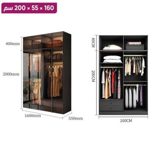 منظم ملابس OBSIDIAN من خشب مضغوط مع 4 أبواب زجاجية ورف علوي 160×55×200 سم