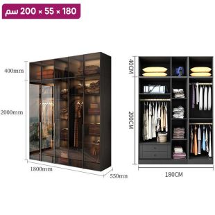 منظم ملابس OBSIDIAN من خشب مضغوط مع 5 أبواب زجاجية ورف علوي 180×55×200 سم
