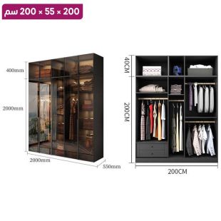 منظم ملابس OBSIDIAN من خشب مضغوط مع 5 أبواب زجاجية ورف علوي 200×55×200 سم