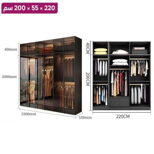 منظم ملابس OBSIDIAN من خشب مضغوط مع 6 أبواب زجاجية ورف علوي 220×55×200 سم