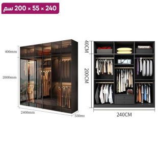 منظم ملابس OBSIDIAN من خشب مضغوط مع 6 أبواب زجاجية ورف علوي 240×55×200 سم