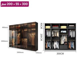 منظم ملابس OBSIDIAN من خشب مضغوط مع 8 أبواب زجاجية ورف علوي 300×55×200 سم