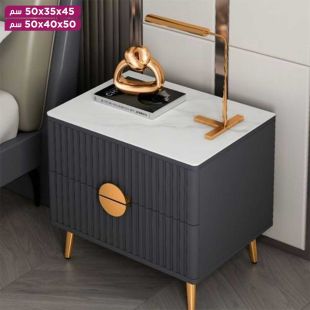 طاولة سرير جانبية من الخشب الصناعي بأرجل معدنية مع أدراج