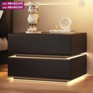 طاولة سرير من خشب الصنوبر وجلد مع أدراج وإضاءة مدمجة