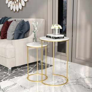 Set of 2 Side Table with Sintered Stone Top and Metal Frame