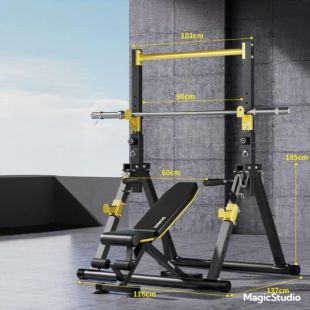 Multi-Function Home Gym Station with Foldable Bench & Bar Rack