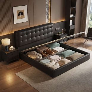 Upholstered Leather Bed with Pine Wood Frame and 2 Side Tables