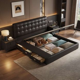 Upholstered Leather Bed with Pine Wood Frame and 2 Side Tables and 3 Integrated Drawers 