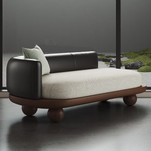 Leather and Linen Sofa with Walnut Wood Base