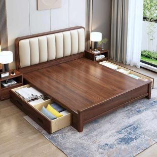 Walnut Wood Bed with 3 Drawers 180 × 200 cm