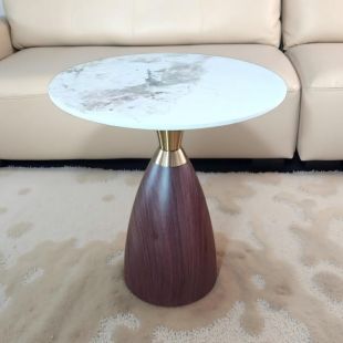 Side Table with Wood Pattern Steel Base and Marble Top