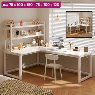 طاولة مكتب IRONRIDGE من خشب MDF و هيكل معدني شكل حرف L مع 2 رف كتب