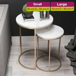 طقم 2 طاولة جانبية متداخلة دائرية من رخام مع إطار حديدي