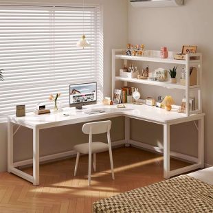 IRONRIDGE MDF Office Table L-Shape with Metal Frame and 2 Bookshelf and Pegboard