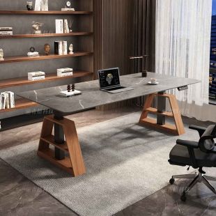 IRONRIDGE Solid Wood Electric Table with Rock Slab Surface and Steel Frame