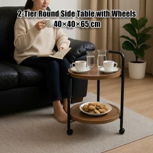 طاولة جانبية دائرية من طبقتين مع عجلات