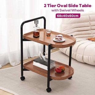 2-Tier Wooden Side Table with Wheels