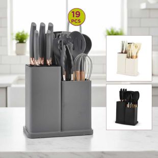 طقم أدوات مطبخ سيليكون مع سكاكين 19 قطعة