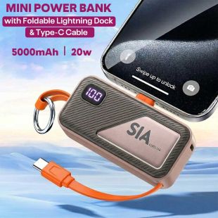 5000mAh Mini Power Bank 20W with Foldable Lightning Dock and Type-C Cable by SIA