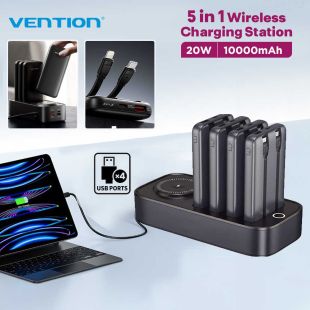5 in 1 Wireless Charging Station with 10000mAh Power Banks 20W and 4 USB Ports by Vention