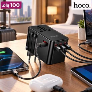 محول سفر عالمي GaN بقوة 100 واط 3 منافذ USB-C و ومنفذ USB-A من Hoco
