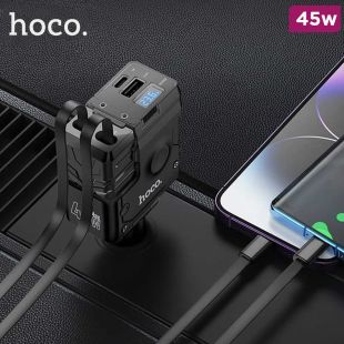 45W Car Charger with Retractable Dual Type-C Cable and USB-A +USB-C Ports by Hoco