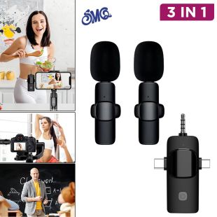 SMQ 3 in 1 Dual Wireless Lavalier Microphone with Built in Type C+ AUX and Lightning Inputs