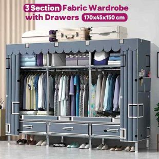 3 Section Fabric Wardrobe with Drawers 170 x 45 x 150 cm