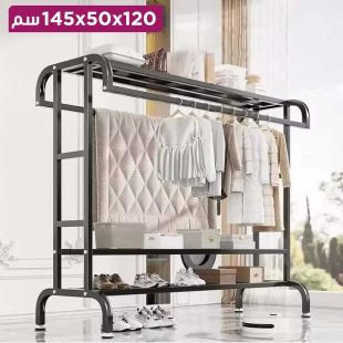 رف ملابس معدني مع رفوف وقضبان تعليق جانبية مزدوجة