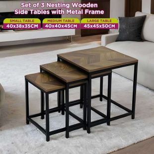Set of 3 Nesting Wooden Side Tables with Metal Frame