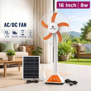 16-inch Solar Powered & AC/DC Fan with 8W Panel and LED Bulb