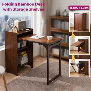 Folding Bamboo Desk with Storage Shelves 85 x 99 x 53 cm