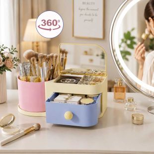 360° Rotating Makeup Organizer with Mirror and Drawer
