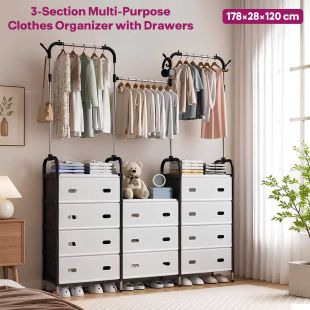 3 Section Multi-Purpose Clothes Organizer with Drawers 178×28×120 cm