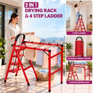 2 in 1 Foldable Metal Clothes Drying Rack with 4 Step Ladder