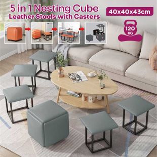 5 in 1 Nesting Cube Leather Stools with Casters
