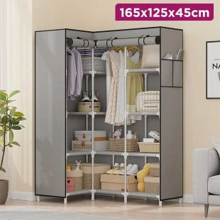 L Shape Wardrobe with Dustproof Curtain and Storage Compartments