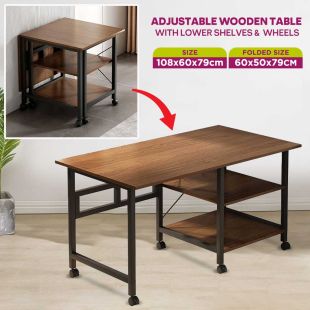 Adjustable Wooden Table with Lower Shelves and Wheels