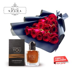 بوكيه ورد جوري فاخر ومميز 10 ورود من Sogha + عطر Stronger With You Intensely للرجال 100 مل EDP من Em
