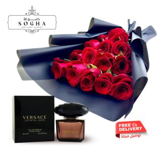 بوكيه ورد جوري فاخر ومميز 15 وردة من Sogha + عطر كريستال نوار للسيدات 90 مل من Versace