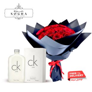 بوكيه ورد جوري فاخر ومميز 25 وردة من Sogha + عطر One للرجال والسيدات 100 مل EDT من Calvin Klein