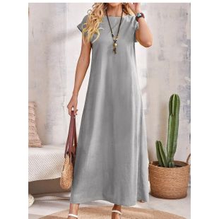 فستان سادة طويل بياقة دائرية وأكمام قصيرة للسيدات