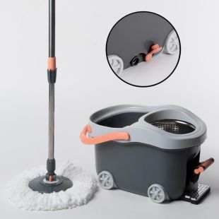 Spin Mop with Large Bucket on Wheels Stainless Steel Wringer and Foot Pedal