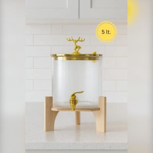 موزع زجاجي شفاف مخطط مع غطاء وقاعدة من البامبو