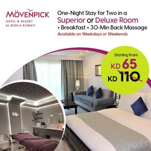 Enjoy 1-night stay in Superior or Deluxe Room + Anti-Stress Back Massage for 30 minutes for two Persons at Movenpick Al Bida’a Hotel