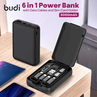 6 in 1 5000mAh Power Bank with Data Cables and Sim Card Holder by Budi